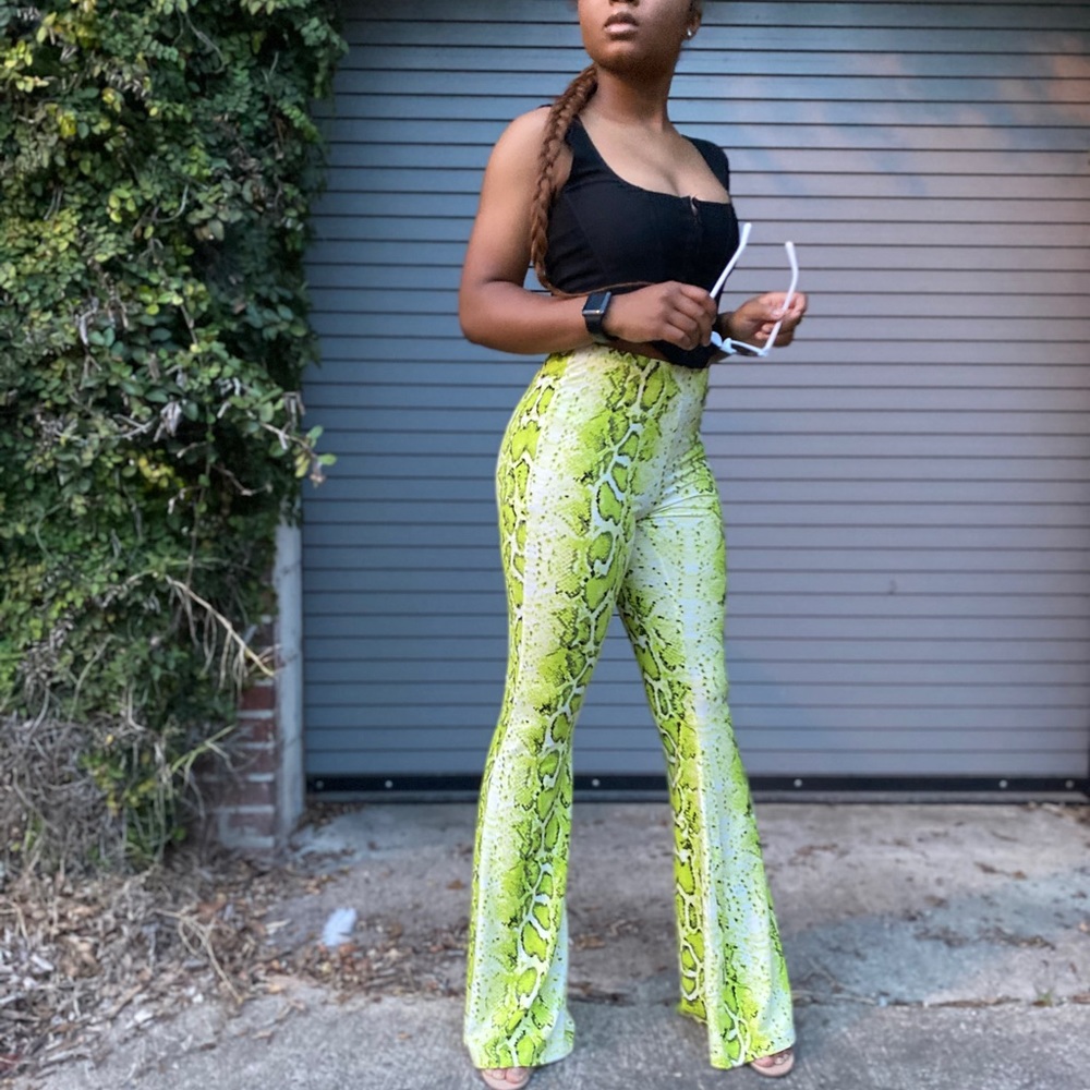 High waist lime snakeskin pants